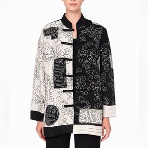 Chico's Jacket Women's Size Large Asian‎ Embroidered Silk Black White Chicos 2